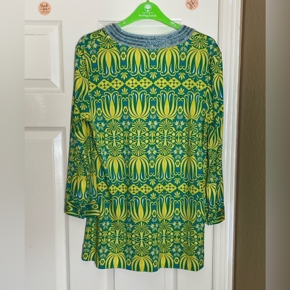 Tory Burch Tunic Womens Med Silk green Button Long Sleeve V Neck Stretch… - Picture 6 of 9